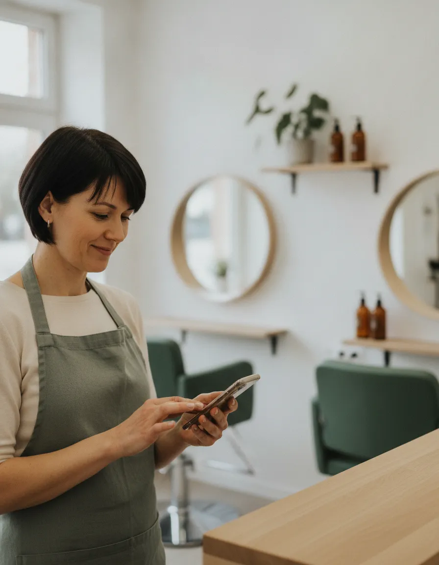 Kirpyklos savininkė prie registratūros telefonu rašo žinutę