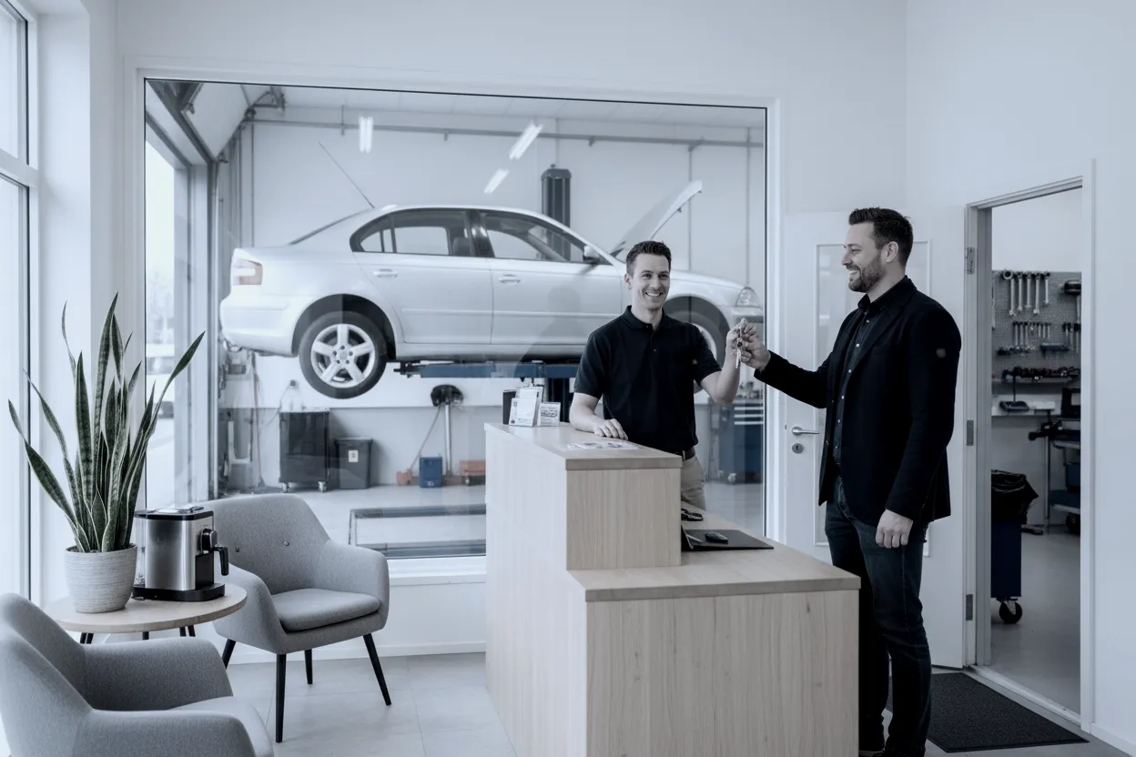 Šviesus priimamasis, kuriame darbuotojas paduoda klientui automobilio raktelius