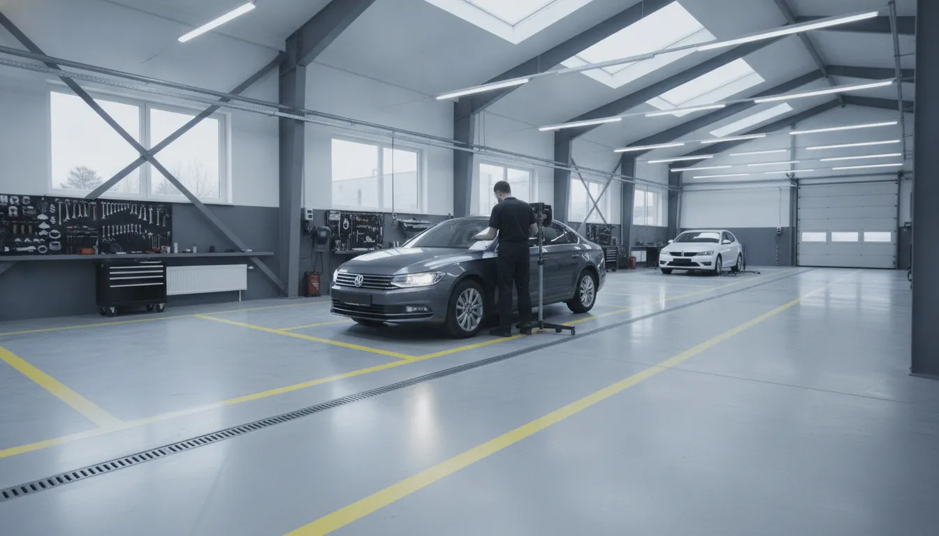 Meistras tikrina automobilio žibintų reguliavimą dirbtuvėje