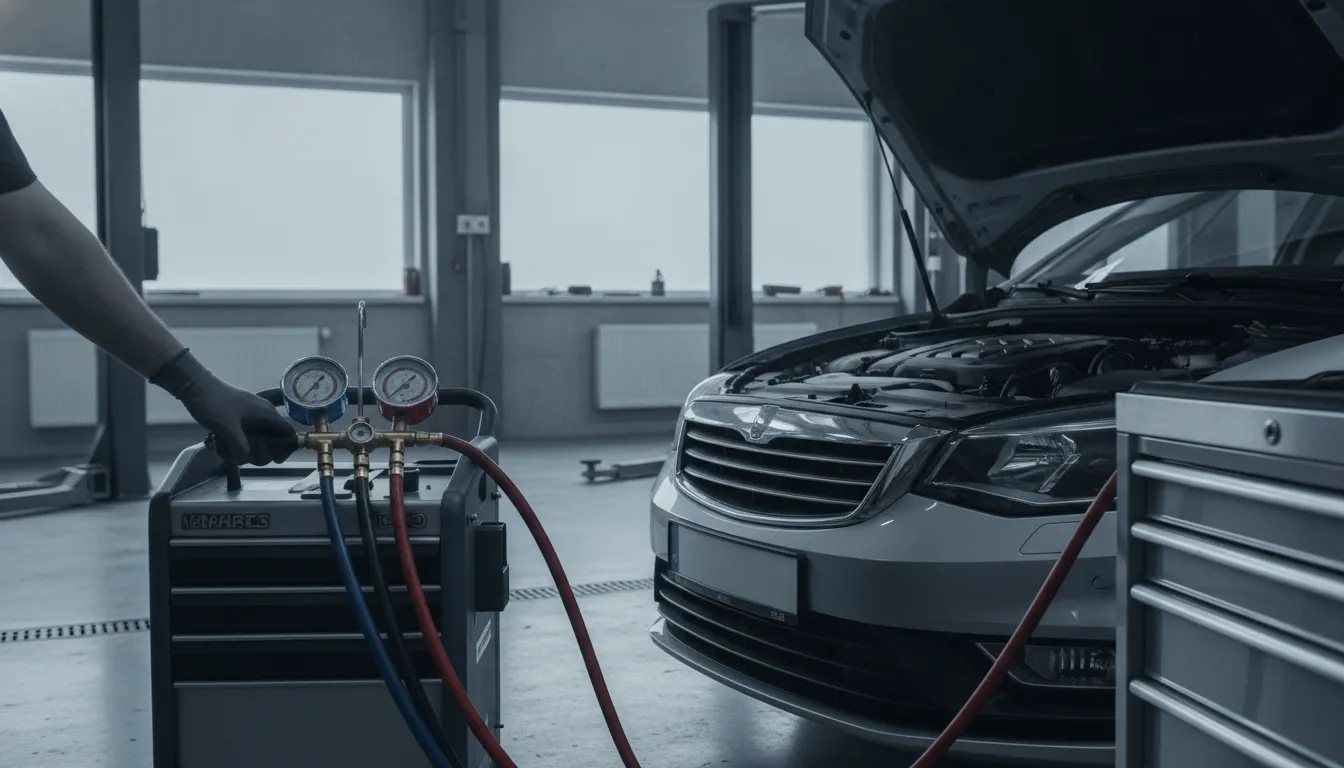 Kondicionieriaus pildymo įranga su manometrais, prijungta prie automobilio