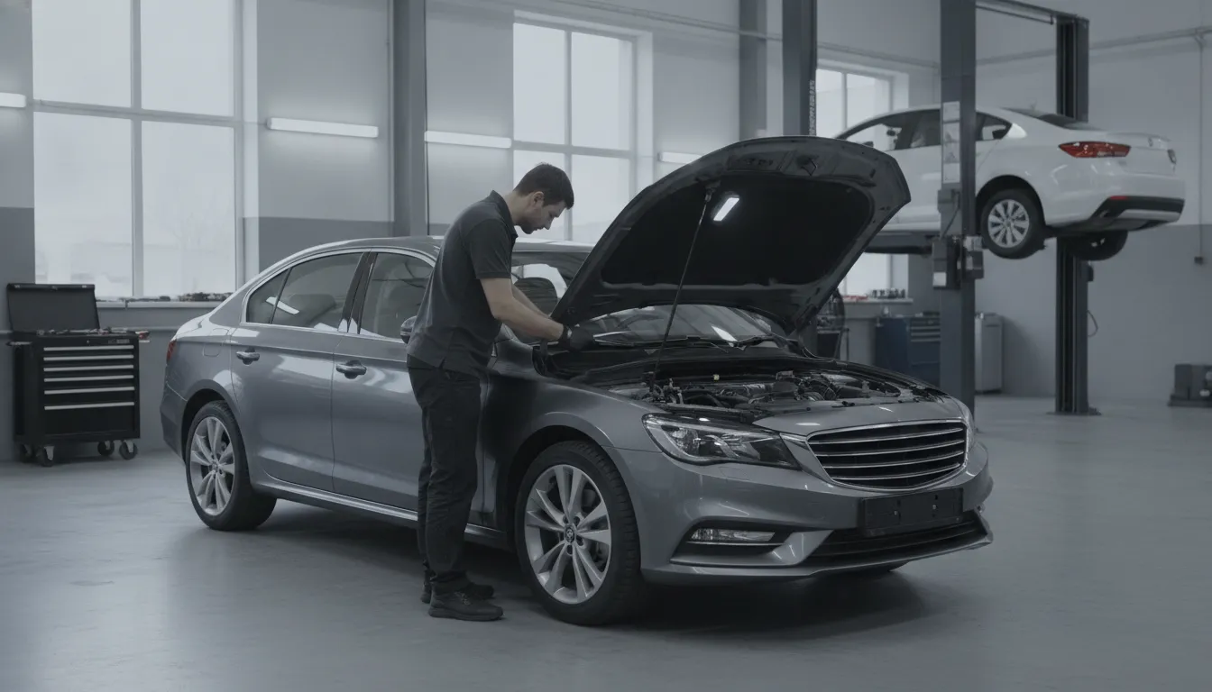 Meistras, stovėdamas šalia automobilio, dirba atidaryto variklio skyriuje