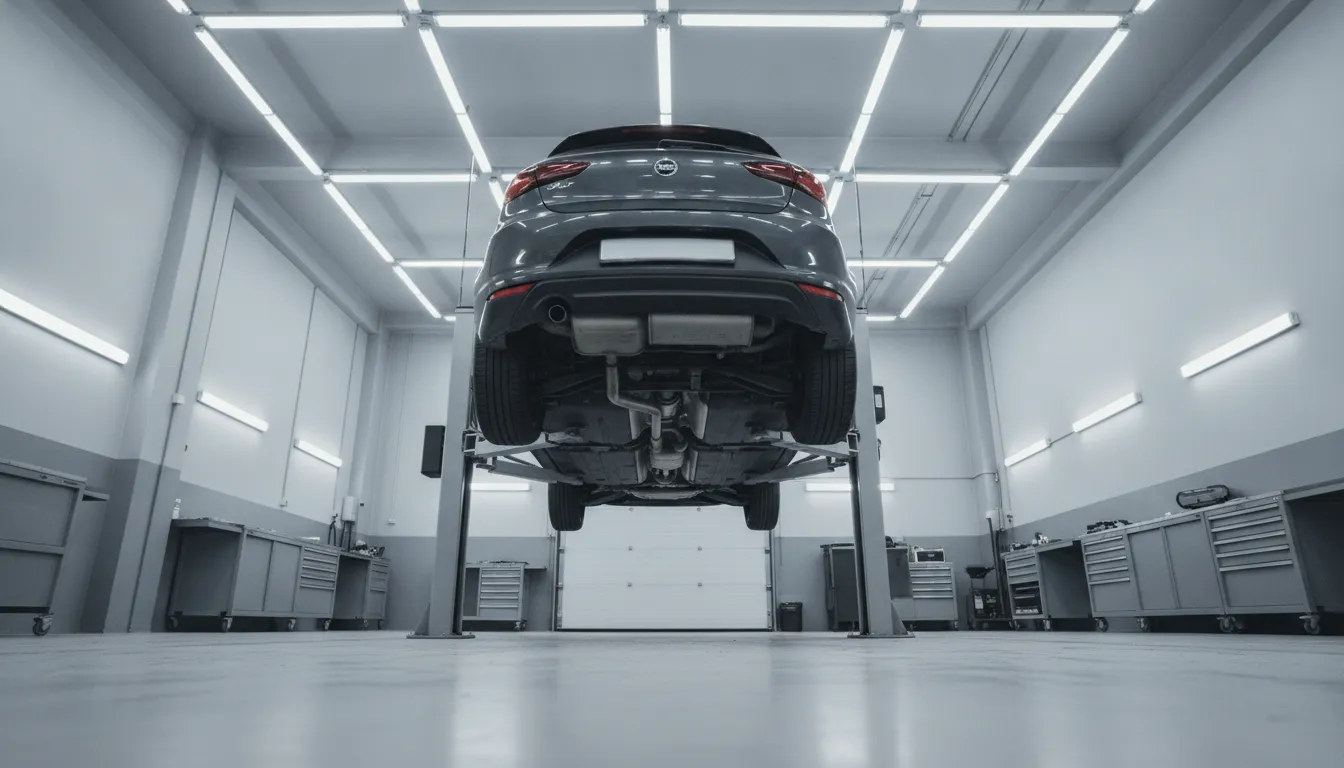 Automobilis, pakeltas ant keltuvo šviesioje dirbtuvėje, vaizdas iš apačios