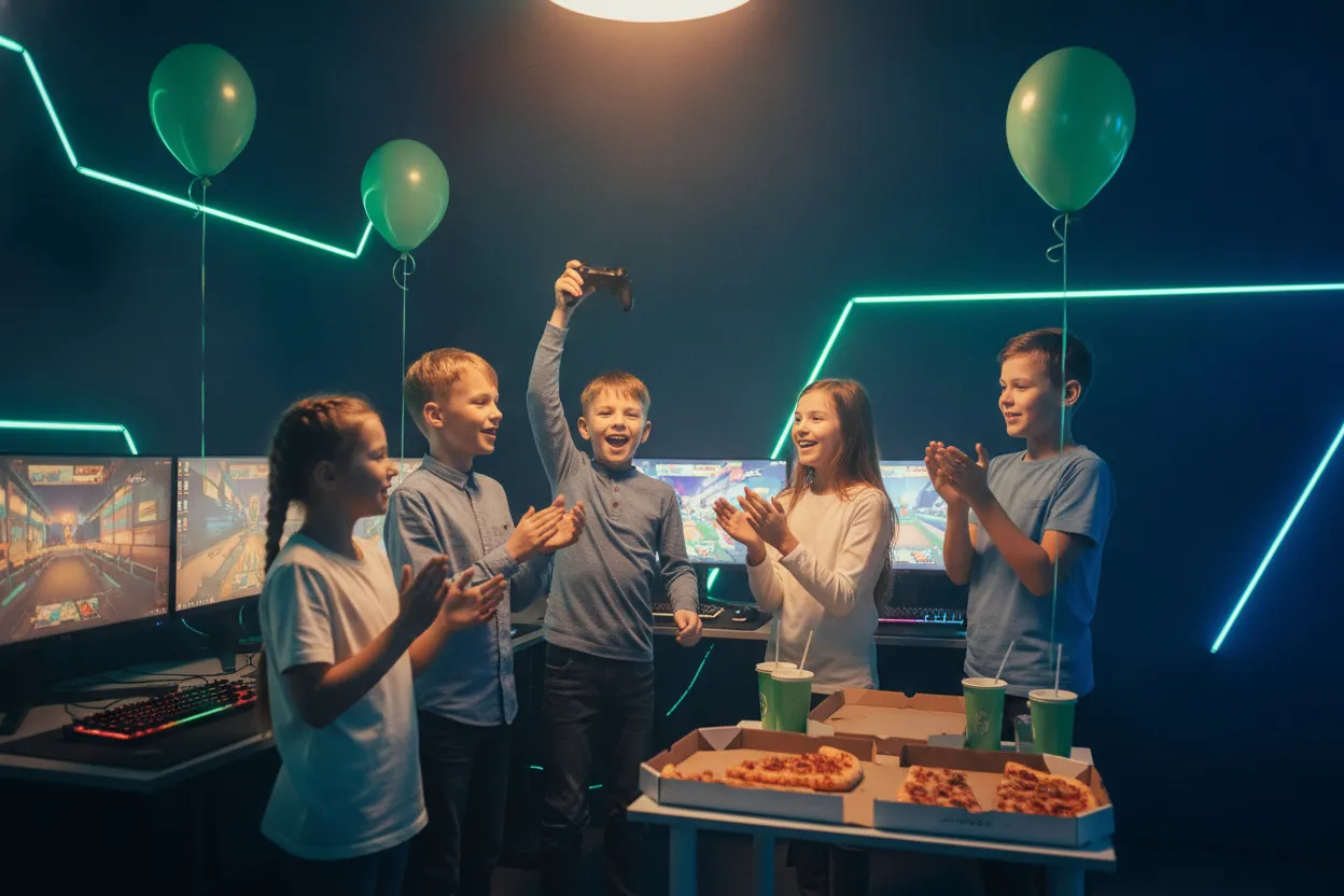 Vaikai džiaugiasi gimtadienio šventėje prie kompiuterių, ant stalo pica ir limonadas, aplink žali balionai