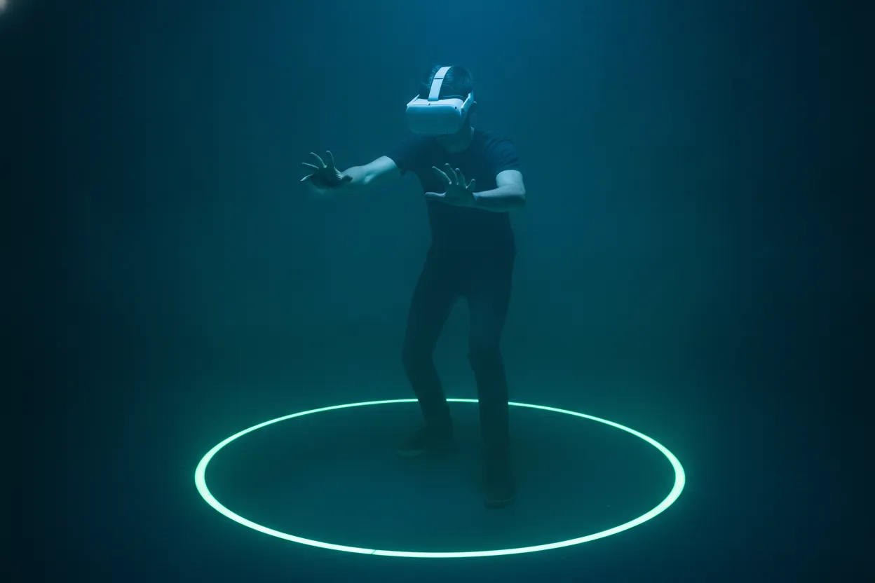 Žaidėjas su virtualios realybės akiniais stovi šviečiančiame rate ant grindų